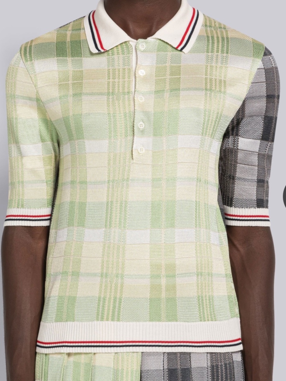 Thom Browne Green and Gray Plaid Short-Sleeve Knit Polo